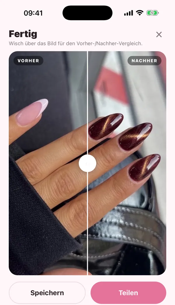 NAILD, Vorher-Nachher-Vergleich eines Designs auf einer echten Hand