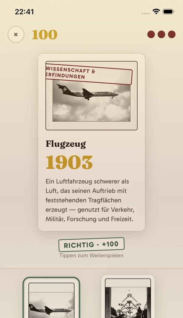Zeitreise, aufgedeckte Karte: das Flugzeug, 1903, mit kurzer Erklärung